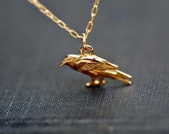 Golden Raven Necklace - Gold Bird Necklace, Crow Charm Necklace, Gold All Seeing Raven Jewelry. Gold Raven Pendant. 14K gold filled necklace