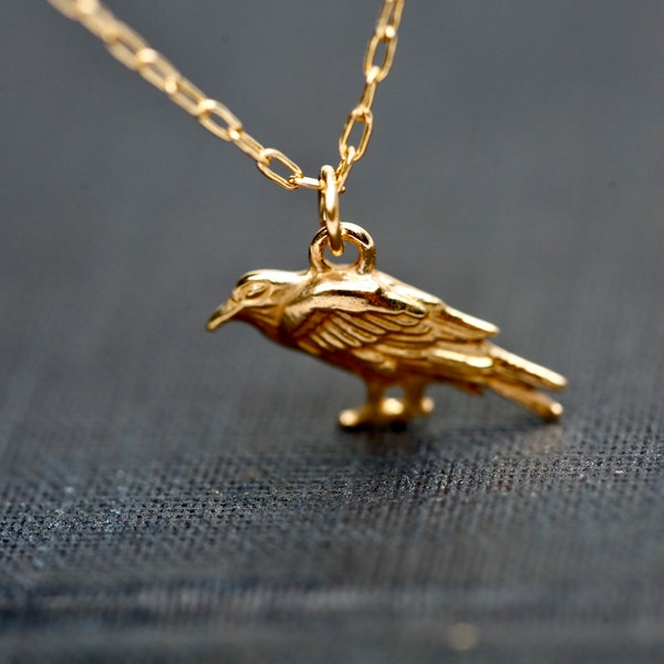 Golden Raven Necklace - Gold Bird Necklace, Crow Charm Necklace, Gold All Seeing Raven Jewelry. Gold Raven Pendant. 14K gold filled necklace