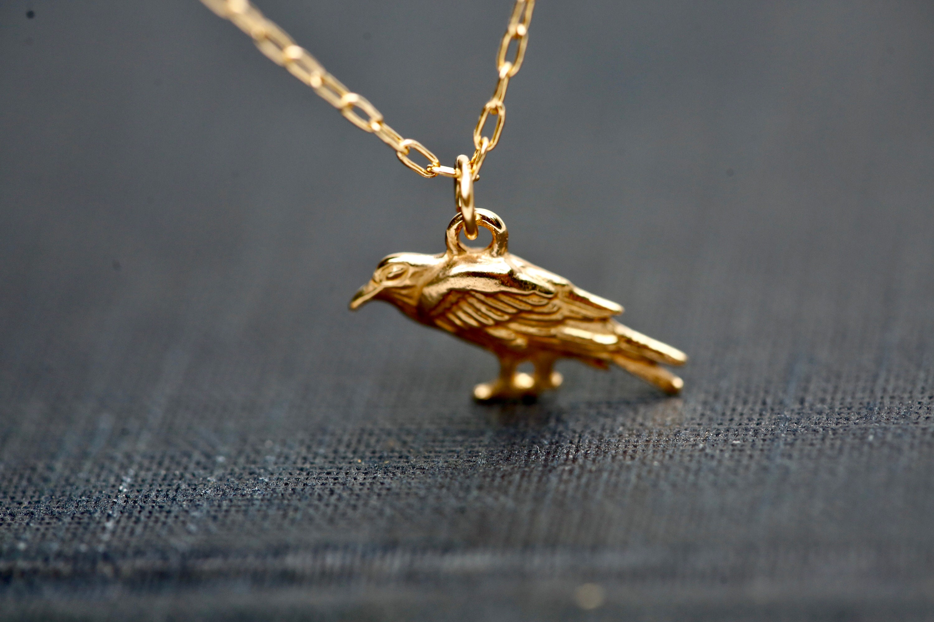 Golden Raven Necklace - Gold Bird Necklace, Crow Charm Necklace, Gold All Seeing Raven Jewelry. Gold Raven Pendant. 14K gold filled necklace