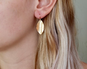Hammered Brass Leaf Earrings, 14K Gold Filled Wires