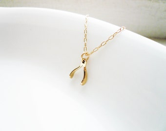 Tiny Wishbone Necklace in Gold Filled and Natural Brass- Sweet and Simple for Good Luck