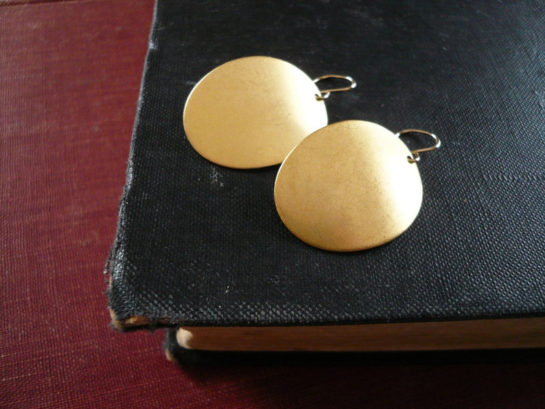 Gold Oval Earrings Simple Geometric Earrings, Big Vintage Brass Oval Dome Earrings. Retro 70's earrings. image 4