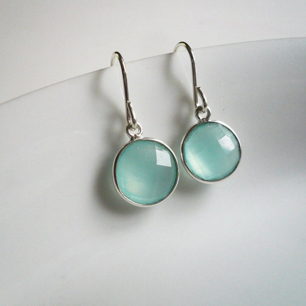 Chalcedony Earrings in Sterling Silver - Dainty Everyday Sea Green Gemstone Earrings