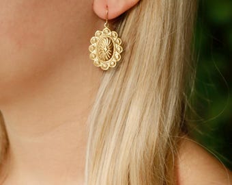Gold Concho Earrings - Oval golden brass drops on 14K gold filled ear wires. Southwest earrings. Gold cowgirl dangle earrings. Boho Earring