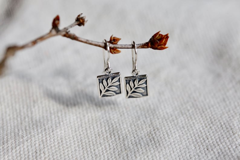 Tiny Fern Earrings in Sterling Silver Small Detailed Botanical branch and rectangle drops. Dainty everyday jewelry. Great teacher gift. image 3