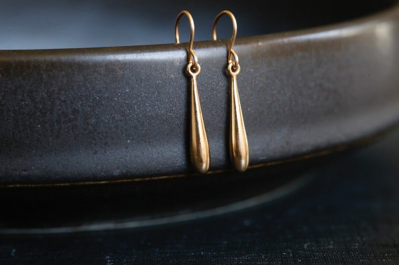 Long Gold Drop Earrings. 14K Gold Filled and Solid Bronze Earrings. Minimalist Gold Teardrop Earrings. Perfect Everyday Gold Earrings. image 8