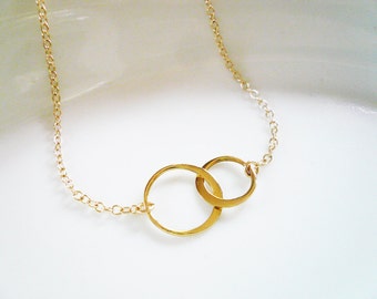 Gold Linked Rings Necklace, Two Entwined Gold Circles - Great gift for Sisters, Best Friends or Mother's Day. Big and little rings.