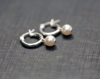 Silver Pearl Hoop Earrings.  Minimalist silver earrings. 12mm Hinged Hoops White Swarovski Crystal Pearl Drops. 6mm pearl hoops. Sterling.