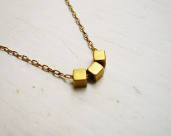 Gold Geometric Necklace - Three Tiny Gold Cubes Necklace in Gold Filled and Vintage Brass