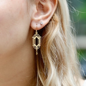 Gold Art Deco Earrings. 14K Gold Filled and Brass Earrings. Gold architectural window chandelier earrings. Classic Art Deco earrings. image 3