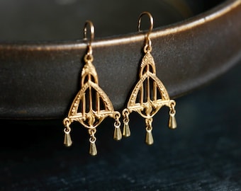Gold Art Nouveau Chandelier Earrings.  14K Gold Filled and Brass Earrings. Gold chandelier earrings. Gold Wedding Earrings. Bridesmaid Gift.