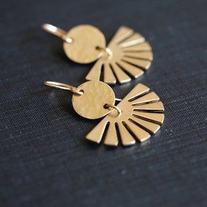 Sun Goddess Earrings. 14K Gold Filled and Brass Shapes. Classic Art Deco earrings. Gold circle and sun rays. Gold boho earrings. image 7