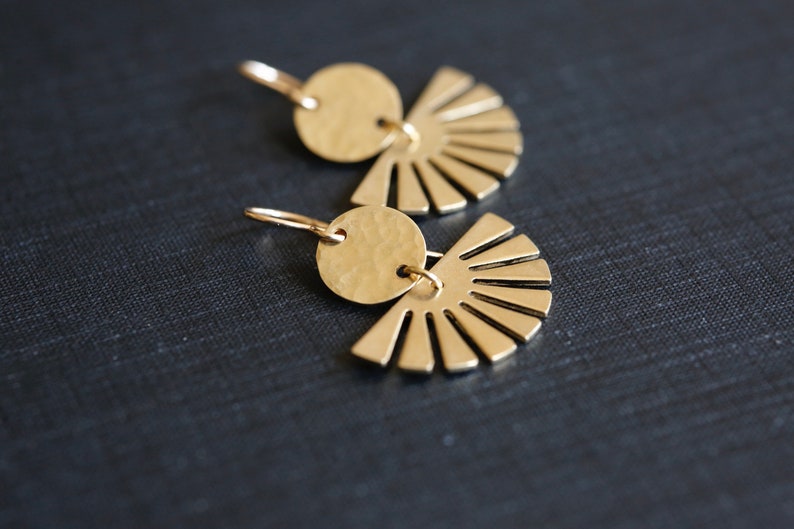 Sun Goddess Earrings. 14K Gold Filled and Brass Shapes. Classic Art Deco earrings. Gold circle and sun rays. Gold boho earrings. image 7