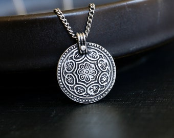 Mandala Necklace. Eight pathways coin. Curb chain necklace. Graduation gift. Stainless steel and pewter. Pendant Necklace.  Men's Necklace.