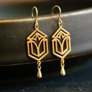 Gold Art Deco Earrings.  14K Gold Filled and Brass Earrings. Gold architectural window chandelier earrings. Classic Art Deco earrings.