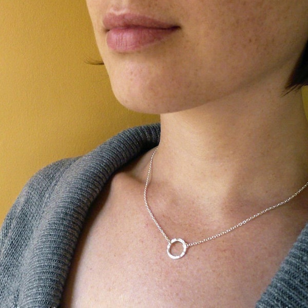 Tiny Silver Circle Necklace - Hammered Circle in Sterling Silver. Open Circle Necklace. Silver O Ring Necklace. Handmade Karma necklace.