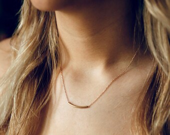 14K Gold Filled Curved Bar Necklace, Minimalist Jewelry