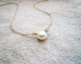 Perfect Pearl Necklace - Single Pearl Solitaire Necklace. Fresh Water Pearl and Gold Filled. Real Pearl Necklace. June Birthstone.
