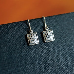 Tiny Fern Earrings in Sterling Silver Small Detailed Botanical branch and rectangle drops. Dainty everyday jewelry. Great teacher gift. image 4