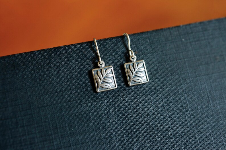 Tiny Fern Earrings in Sterling Silver Small Detailed Botanical branch and rectangle drops. Dainty everyday jewelry. Great teacher gift. image 4