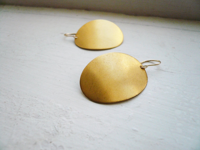 Gold Oval Earrings Simple Geometric Earrings, Big Vintage Brass Oval Dome Earrings. Retro 70's earrings. image 3