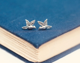Soaring Bird Earrings - Dainty Sterling Silver Post Earrings, Solid Sterling Silver Little Bird Earrings. Gift for bird lover, bird watcher