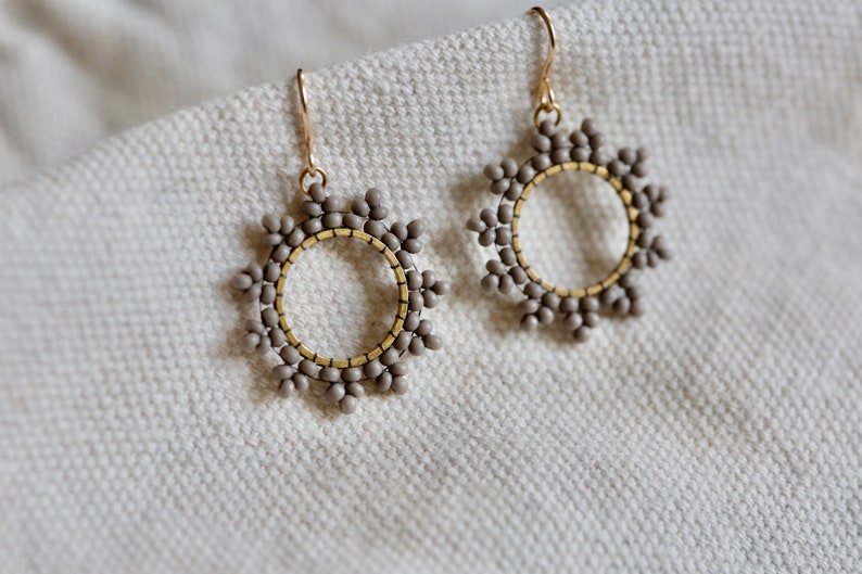 Soft gray sun burst Earrings. Handwoven beaded earrings with 14K gold fill ear wires. Modern beadwork earrings, neutral bead hoop earrings. image 8