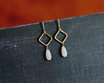 Hammered 14K Gold Filled Square Mother of Pearl Teardrop Earrings