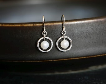 Floating Pearl Earrings. Sterling silver hammered hoop, genuine fresh water pearls. Silver pearl hoops. Minimalist earrings. Great gift.