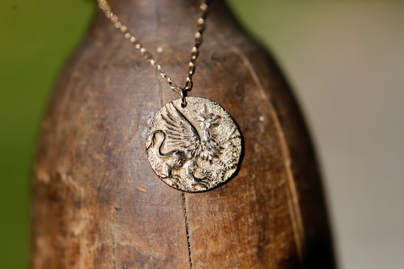 Gold Coin Necklace. Rustic Gold Griffin Coin Necklace in Bronze and 14K Gold Filled. Gold Medallion Necklace. Replica of Ancient Greek Coin.