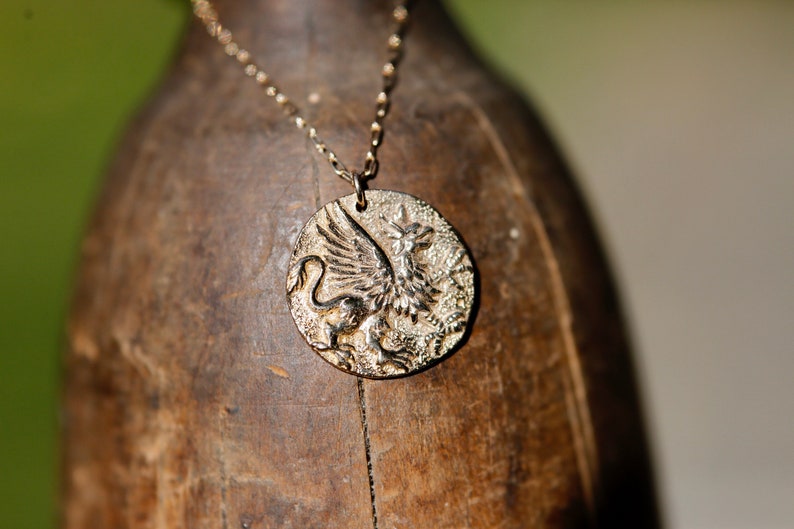 Gold Coin Necklace. Rustic Gold Griffin Coin Necklace in Bronze and 14K Gold Filled. Gold Medallion Necklace. Replica of Ancient Greek Coin. image 1