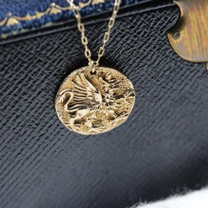 Gold Coin Necklace. Rustic Gold Griffin Coin Necklace in Bronze and 14K Gold Filled. Gold Medallion Necklace. Replica of Ancient Greek Coin. image 6