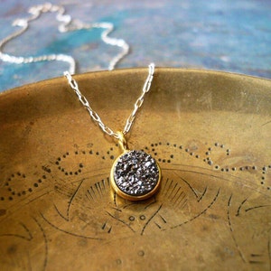 Druzy Necklace in Gold - Gray and Gold Druzy Necklace. Genuine Druzy Quartz. 14k Gold Filled Chain. Tiny Druzy Necklace.