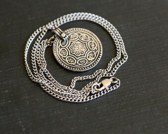 Mandala Necklace. Eight pathways coin. Curb chain necklace. Graduation gift. Stainless steel and pewter. Pendant Necklace.  Men's Necklace.