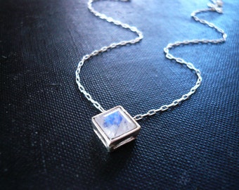 Moonstone Necklace in Sterling Silver. Minimalist jewelry.  Diamond Floating Pendant. Square moonstone pendant. Genuine rainbow moonstone.