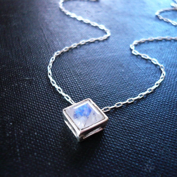 Moonstone Necklace in Sterling Silver. Minimalist jewelry.  Diamond Floating Pendant. Square moonstone pendant. Genuine rainbow moonstone.