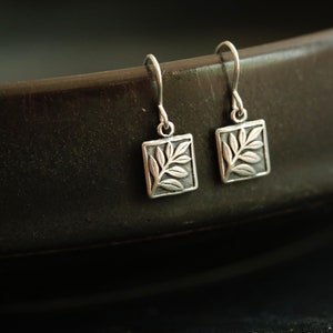 Tiny Fern Earrings in Sterling Silver Small Detailed Botanical branch and rectangle drops. Dainty everyday jewelry. Great teacher gift. image 10