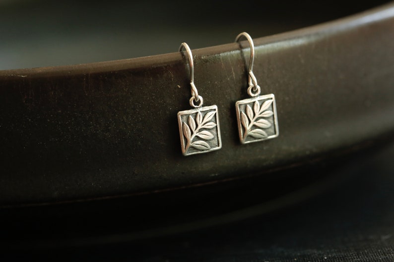 Tiny Fern Earrings in Sterling Silver Small Detailed Botanical branch and rectangle drops. Dainty everyday jewelry. Great teacher gift. image 10