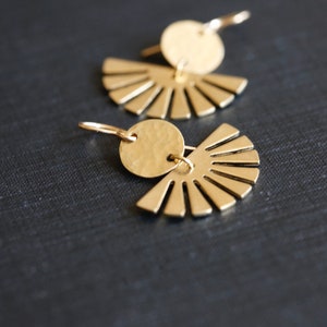 Sun Goddess Earrings. 14K Gold Filled and Brass Shapes. Classic Art Deco earrings. Gold circle and sun rays. Gold boho earrings. image 2