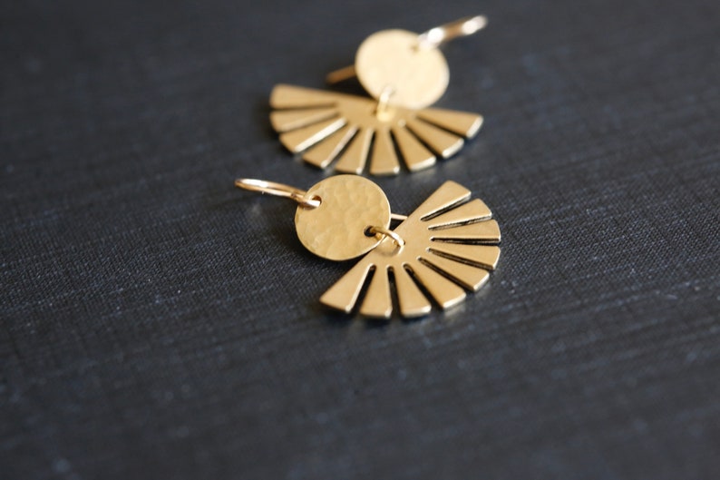 Sun Goddess Earrings. 14K Gold Filled and Brass Shapes. Classic Art Deco earrings. Gold circle and sun rays. Gold boho earrings. image 2