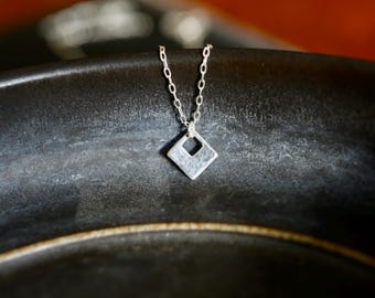 Tiny Hammered Square Necklace in Sterling Silver. Diamond shaped necklace.  Minimalist silver Charm Necklace. Gift for her under 30.