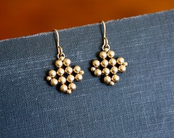 Gold Beaded Earrings. Handwoven bead earrings. 14K Gold Filled earrings. Classic gold earrings. Handmade jewelry. Romantic vintage earrings.