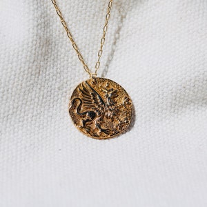 Gold Coin Necklace. Rustic Gold Griffin Coin Necklace in Bronze and 14K Gold Filled. Gold Medallion Necklace. Replica of Ancient Greek Coin. image 7