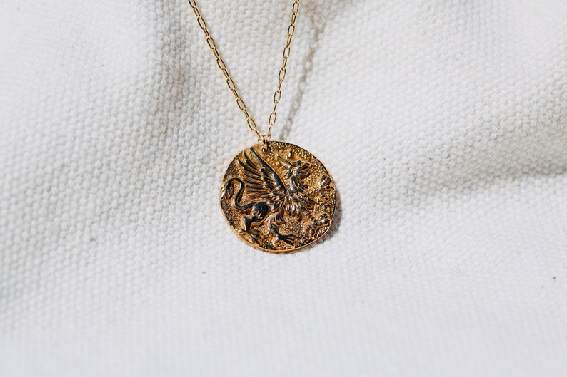 Gold Coin Necklace. Rustic Gold Griffin Coin Necklace in Bronze and 14K Gold Filled. Gold Medallion Necklace. Replica of Ancient Greek Coin. image 7