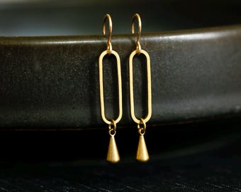 Oval Drop Earrings. Geometric brass shapes on 14K gold filled ear wires. Simple chandelier earrings. Gold boho dangle earrings.