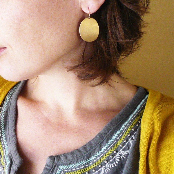 Gold Oval Earrings - Simple Geometric Earrings, Big Vintage Brass Oval Dome Earrings. Retro 70's earrings.