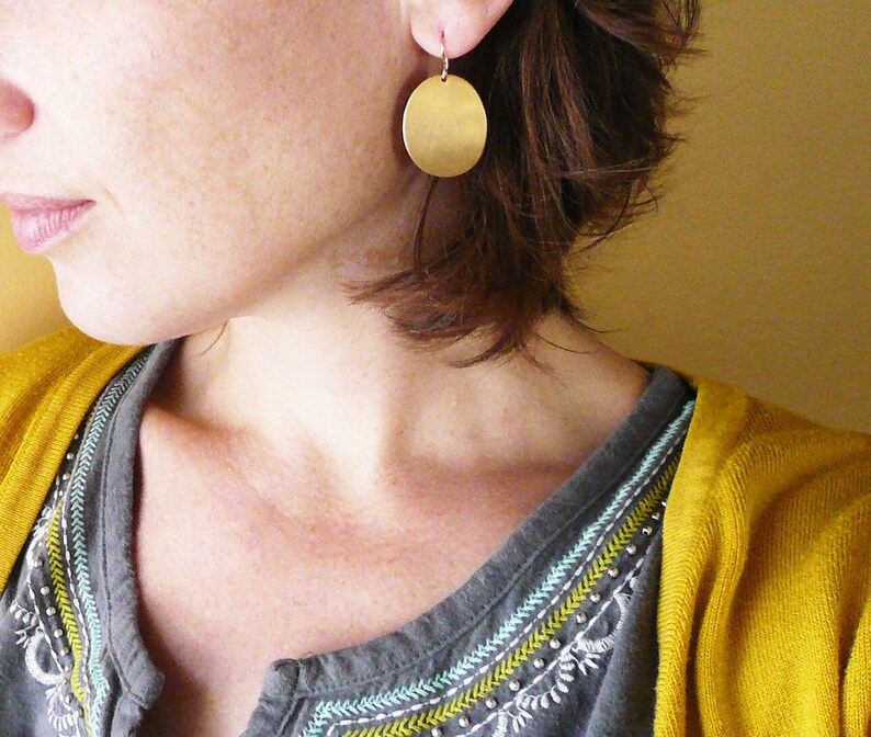 Gold Oval Earrings Simple Geometric Earrings, Big Vintage Brass Oval Dome Earrings. Retro 70's earrings. image 1