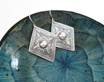 Stamped Diamond and Circle Flower Earrings in Tin and Sterling Silver - Diamond Shaped Moroccan Style Earrings