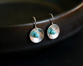 Turquoise Cup Earrings. Sterling silver hammered circle and genuine turquoise gemstones. Reflecting pool earrings. Turquoise earrings.