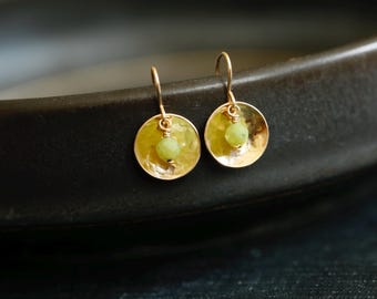 Jade Cup Earrings. 14K gold filled hammered circle and genuine Canadian jade gemstones. Reflecting pools earrings. Jade earrings.